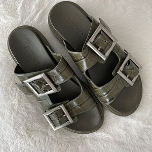 SCHUTZ Dark Green Sandals with Silver Buckles